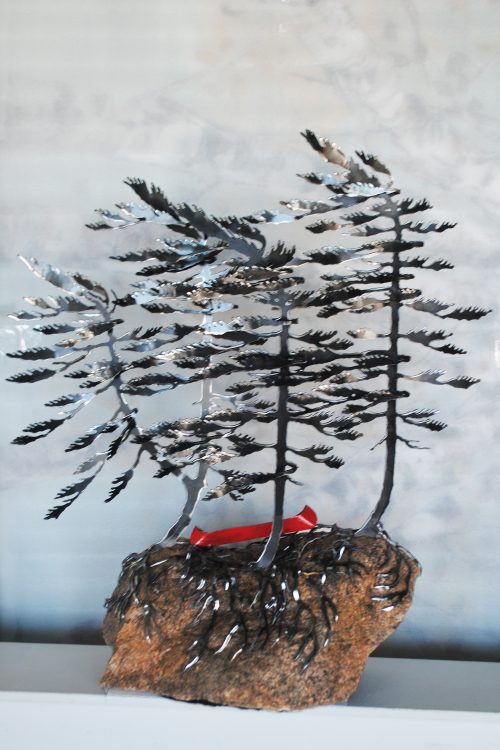 Windswept Pines (three) & Large Red Canoe On Stone by Cathy Mark