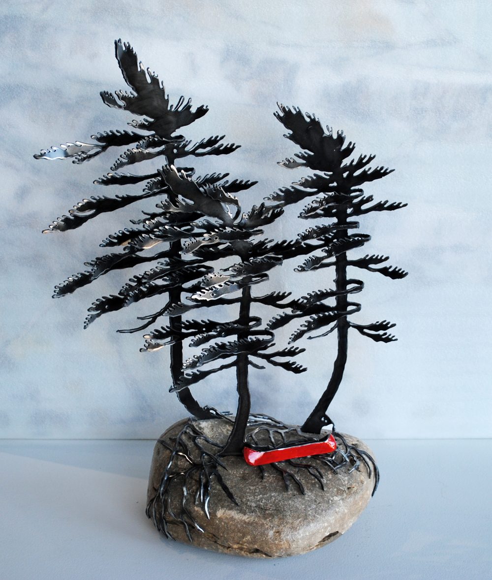 Windswept Pines (three) & Red Canoe On Stone by Cathy Mark