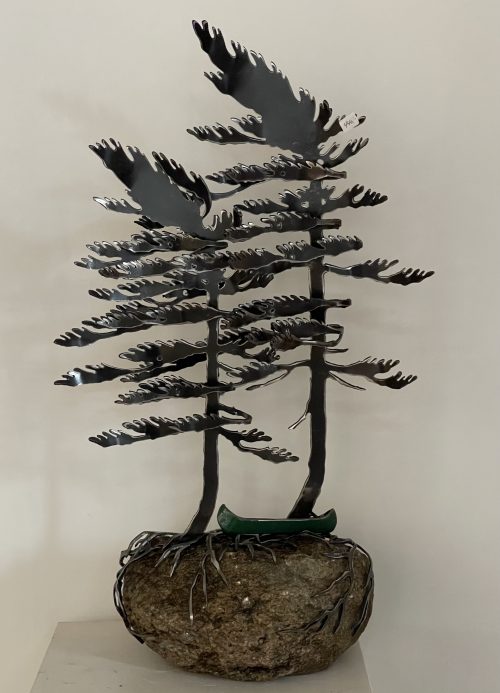 Windswept Pines (two) W/ Green Canoe On Stone (25x11x11) by Cathy Mark
