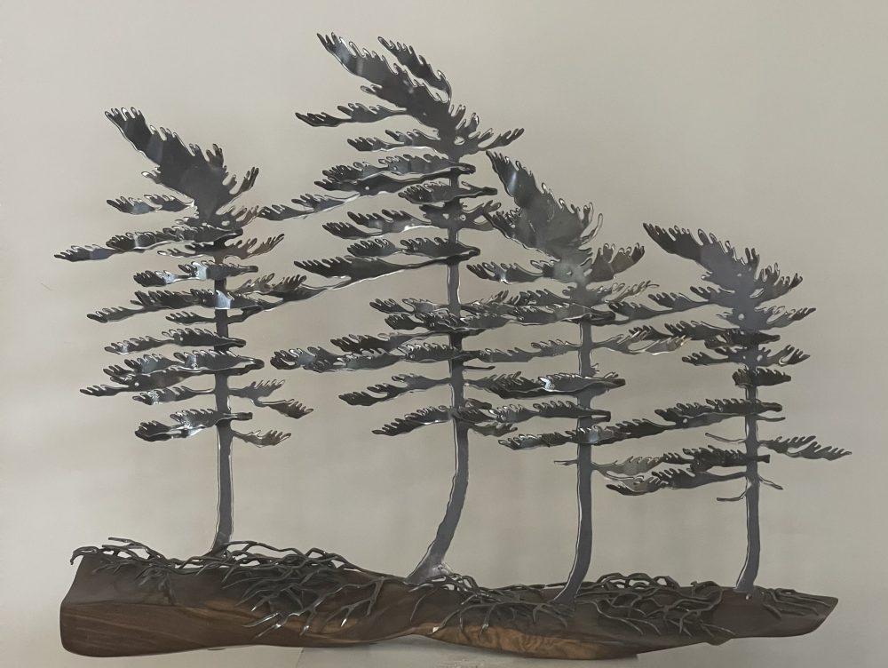 Windswept Pines (four) On Walnut (24x29x8) by Cathy Mark