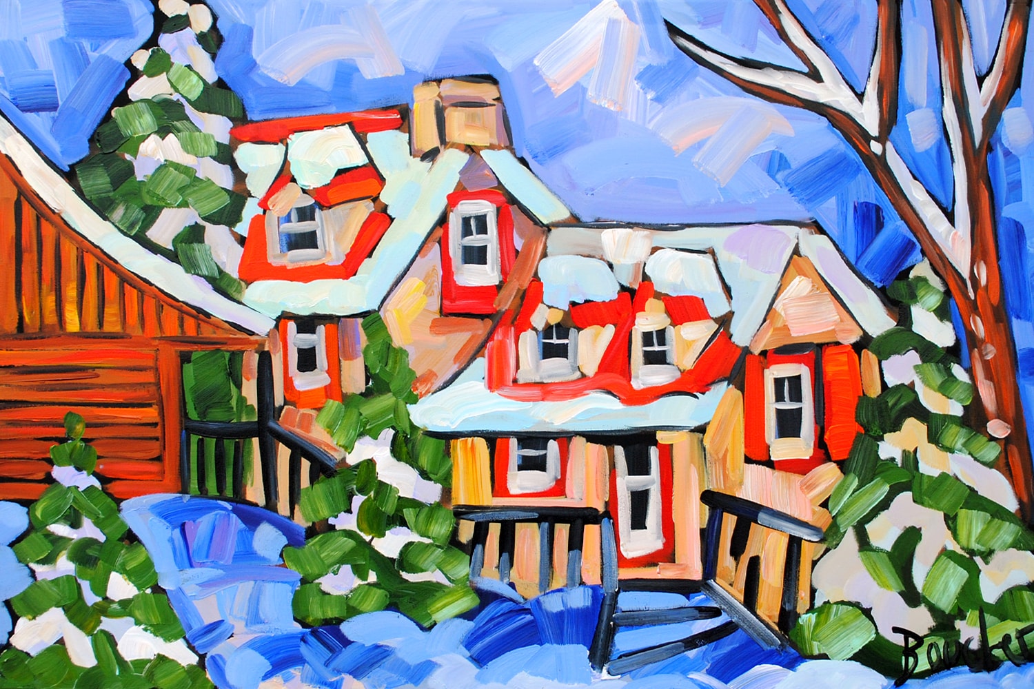 Original painting by Marie-Claude Boucher, acrylic on canvas, winter scene, 24x36 inches
